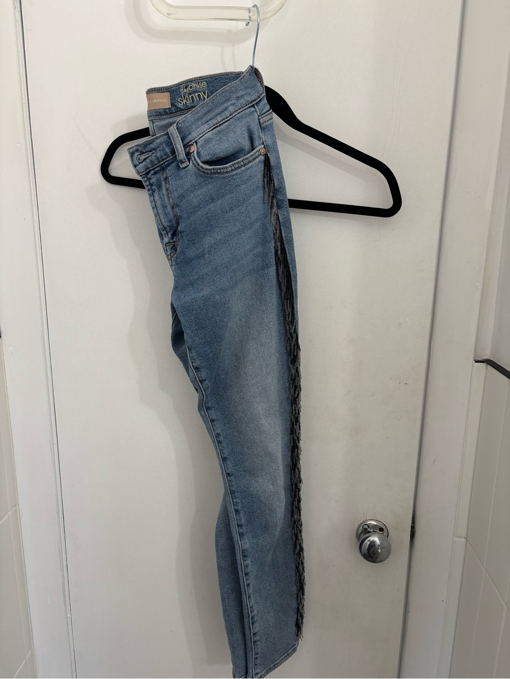 7 For All Mankind Light Blue Skinny Jeans with Side Beaded Fringe
